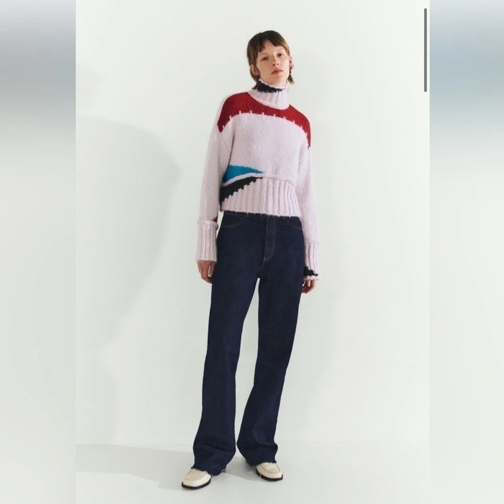 ZARA COLOR BLOCK WOOL BLEND KNIT SWEATER PINK - Picture 3 of 8